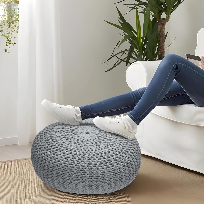 Bedding Craft Round Pouf Foot Stool Ottoman - Hand Knitted Bean Bag - Gray - Image 4